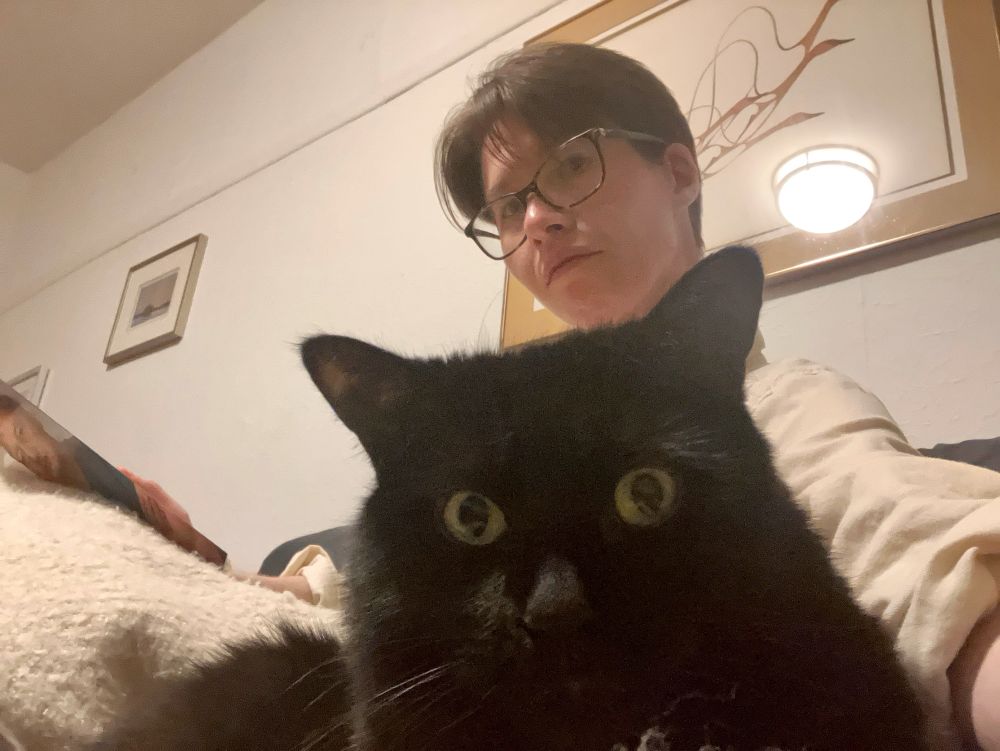 Guinness the black cat chilling with his human. 