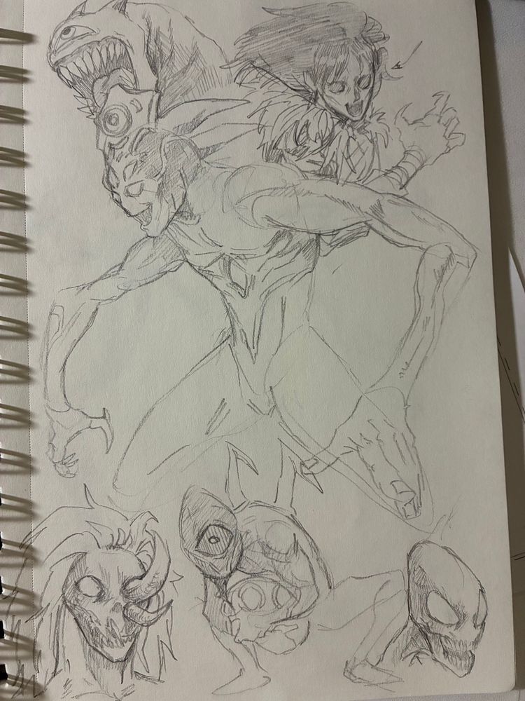 Various monster designs for the spiritual world of Exorcistae. Some of the designs involve horns and traditional visual elements of demons in Christian mythology while others are mixed with alien inspiration. One design in the upper right corner has more human elements and inspired by ghost stories like that of the Llorona.