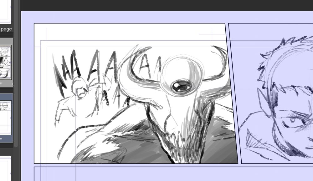 screenshot of manga panel progress for exorcistae. It's a rough sketch of a demon with an eye floating above its horns, and it looming figure fills most of the frame. Behind, a man screams at the sight, the demon not yet taking notice of him.