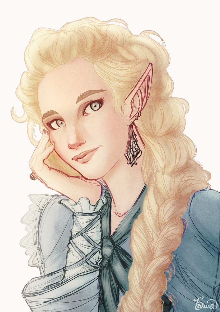 Portrait of an elven woman looking at the viewer with blonde hair and light blue-green eyes. She wears a light blue dress and elaborate ear jewelry. She rests her hand on her chin.