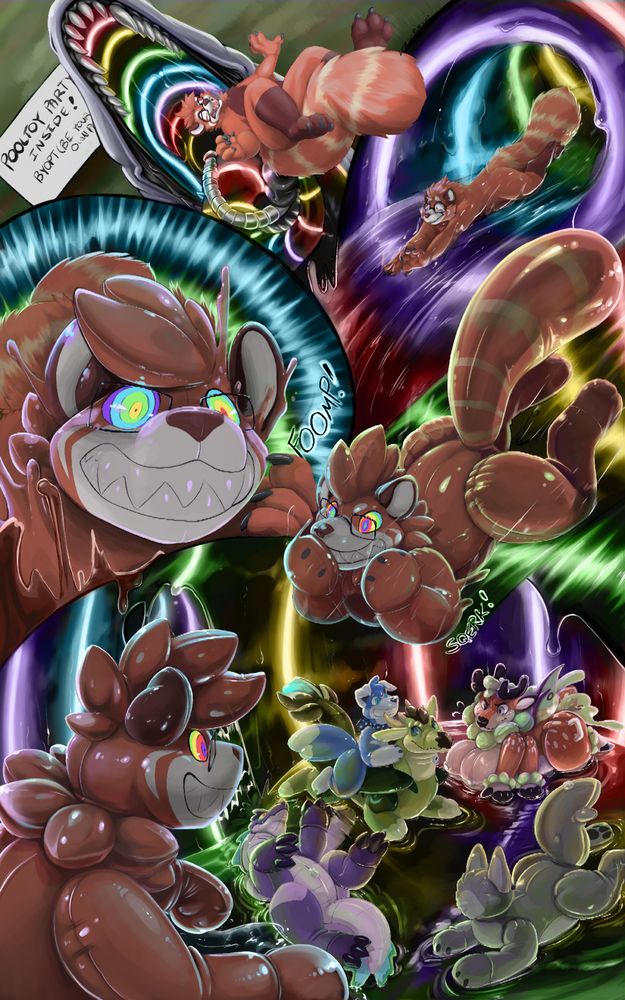 A vertical piece featuring a sequence with a red panda (Avery) falling into the glowing, rainbow ringed jaws of a silver dragon (Petrichor). Curled in Petrichor's tongue is a metal water hose creating a slip-in-slide down the dragon's throat. As Avery rapidly slides down through the water and rings, he is gradually, over three panels, transformed into a pooltoy version of himself, miraculously his glasses stay fixed on his face. In what could be the belly of the dragon is  a large pool ringed with bright glowing rainbow lights, akin to LEDs. The rest of the surface is a shiny black gooey material that reflects the colorful lights. In the pool are five other pooltoy'd partygoer victims, from left up around to the right are a flipped over struggling purple spinosaurus (Iris), a pleased looking green dragon (Pi) with an equally happy looking blue dog rider (Bery), a frustrated deermoth (Sugar), and a faceless grey wolf (Lucky) laying on top of the water. Another entrance to the final chamber can be seen just barely behind Avery's head, with a waterfall pouring down into the pool.