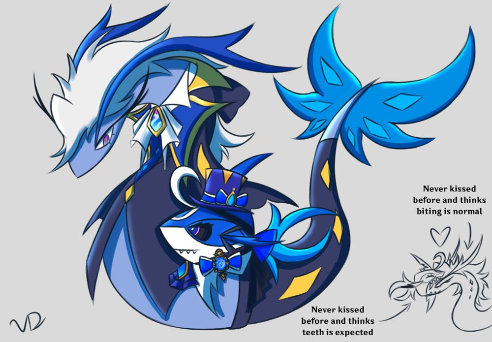 A drawing of Neuvillette and Furina as pokemon, but with their genshin color pallete and clothes. Neuvillette is a Milotic and Furina is a Sharpedo. There is also a pencil drawing in the right bottom corner with Furina biting Neuvillette’s head. “Never kissed before and thinks biting is normal” pointing to Neuvillette, while “Never kissed before and thinks teeth is expected” pointing to Furina