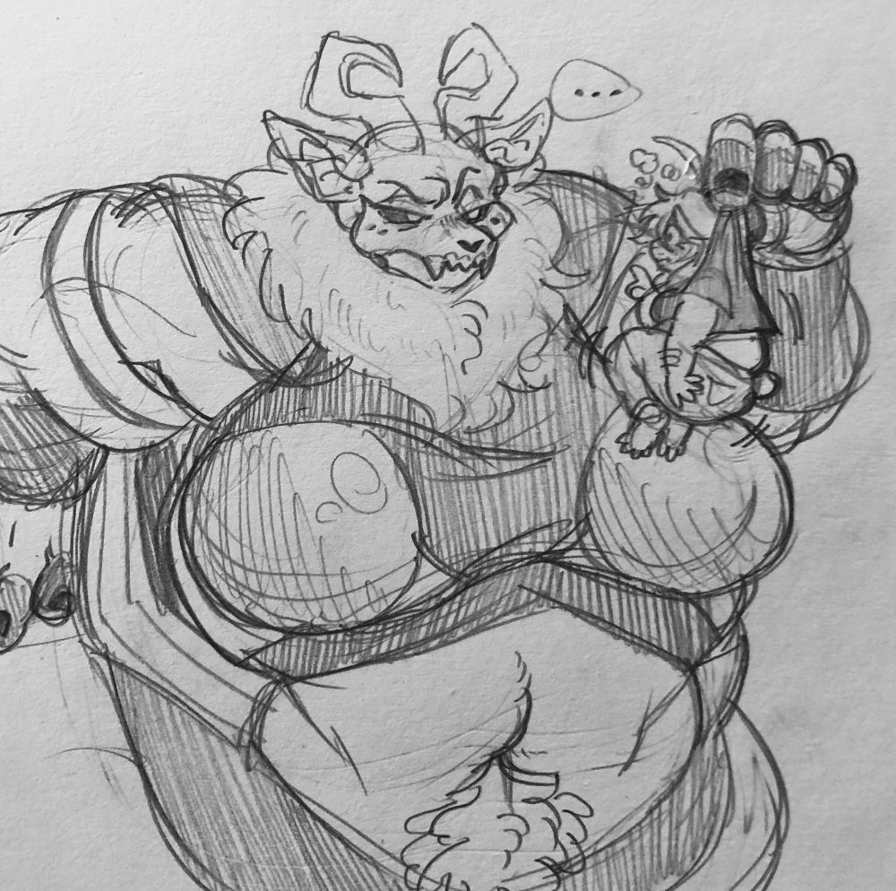 A traditional drawing of a skeletal-faced antelope demon. She’s very large and fat, and she is peering at a much smaller rabbit anthro pinched between her fingers.