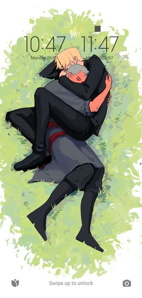 Screenshot of my lock screen showing Zoro and Sanji lying on a lawn hugging