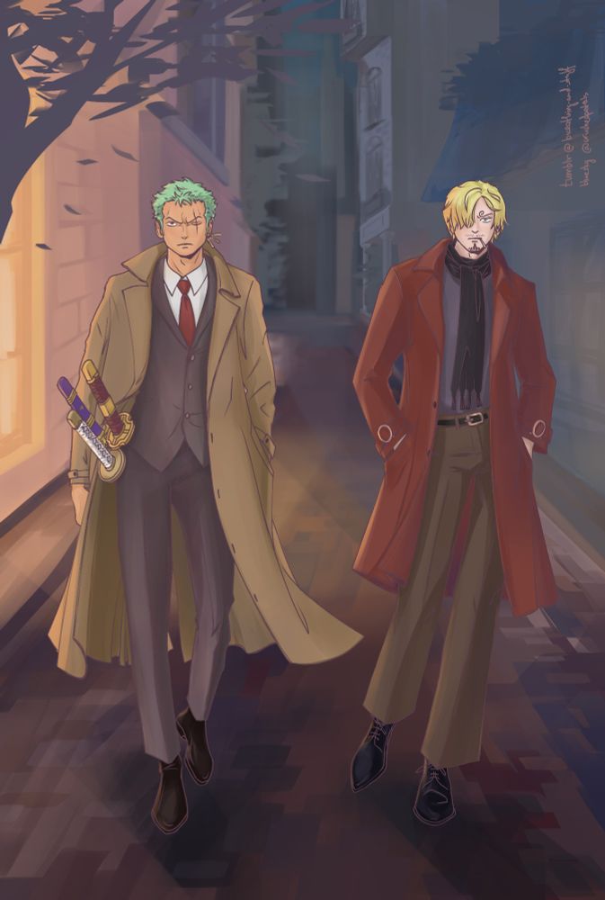 Detectives Zoro and Sanji are walking down some random alley in outfits from wings magazine art