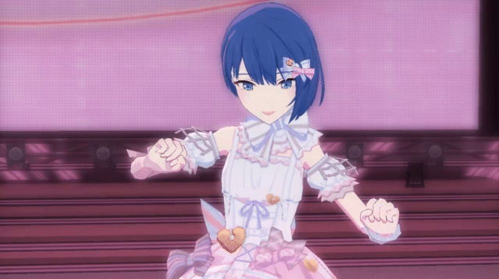 a girl with blue hair is wearing a pink dress