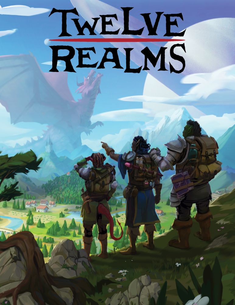 The cover of Twelve Realms depicts three fantasy adventurers -- a tiefling, an elf, and an orc -- looking over a vast valley with an impossibly huge dragon in the distance and a ringed planet and a tiny moon in the daytime sky