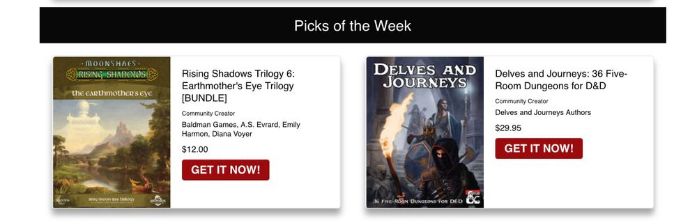 A screenshot of the Dungeon Masters Guild newsletter showing the Picks of the Week as Rising Shadows Trilogy 6 and Delves and Journeys.