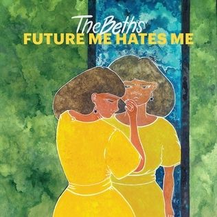 Album cover of the Beth's future me hates me. a mirror reflection stares angrily at a woman in a yellow dress