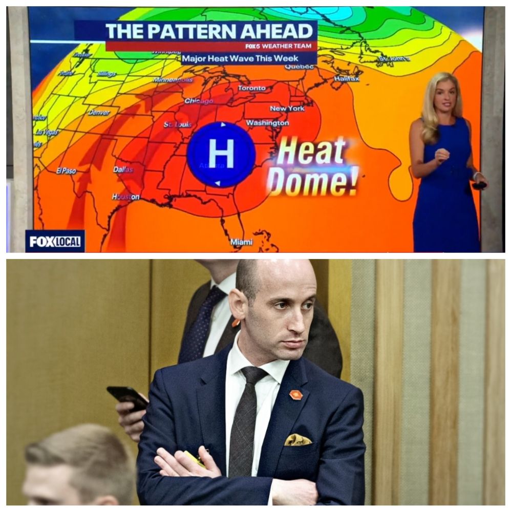 TV meteorologist predicting heat dome over East coast of US. Stephen Miller standing with arms crossed