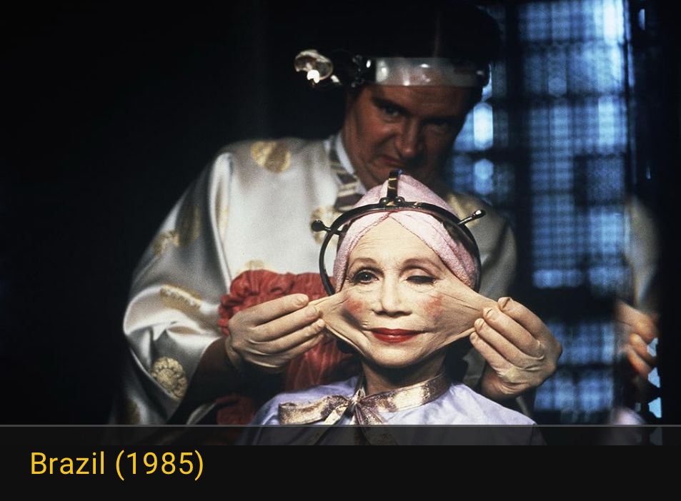 Image from the 1985 scifi social commentary film Brazil showing a woman getting extreme plastic surgery which btw ends very badly for the woman addicted and prey to it