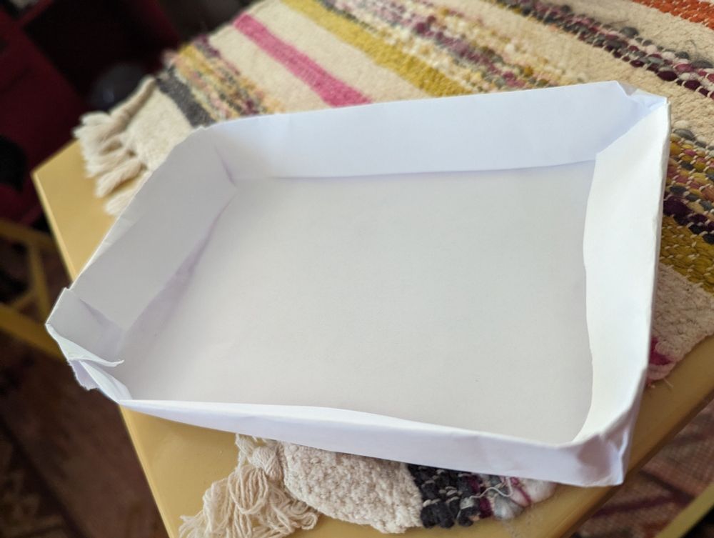 A sheet of printer paper turned into a tray through folding the sides, an apparently lost relic of elementary art classes.