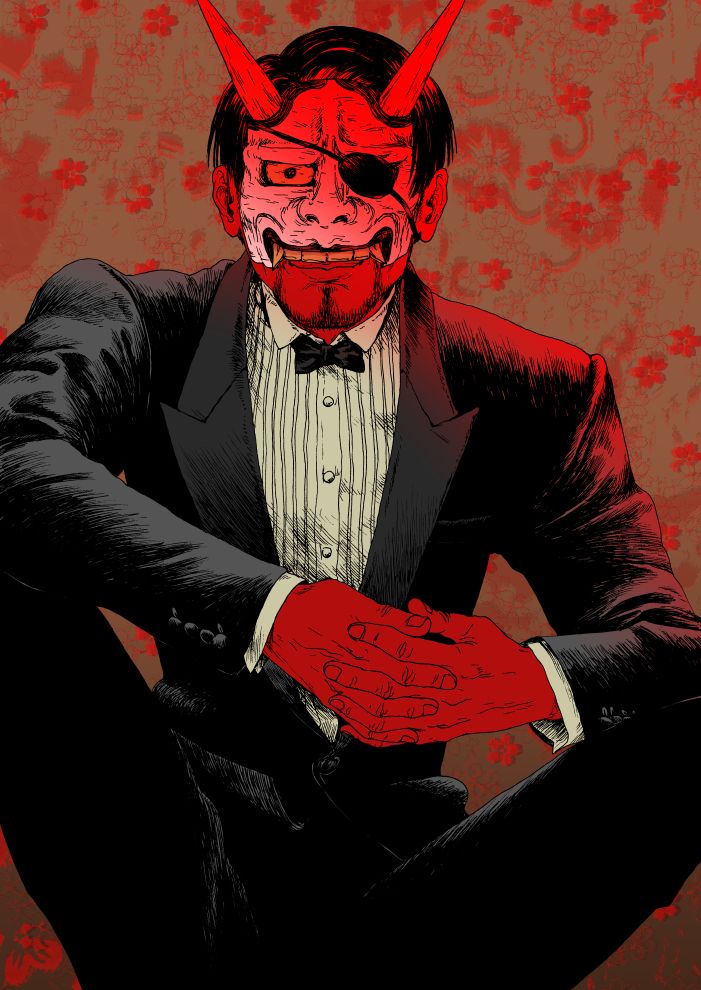 Majima from the Yakuza game, wearing tuxedo and hannya mask.
