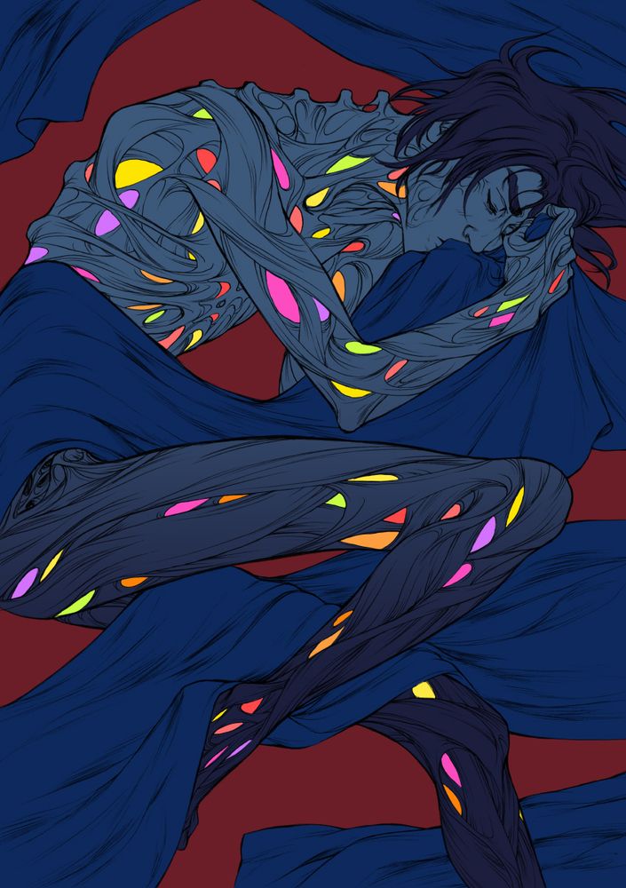 Viktor with hexcorized body lying on a blanket - spaces between his changed muscles in bright colors, resembling stained glass