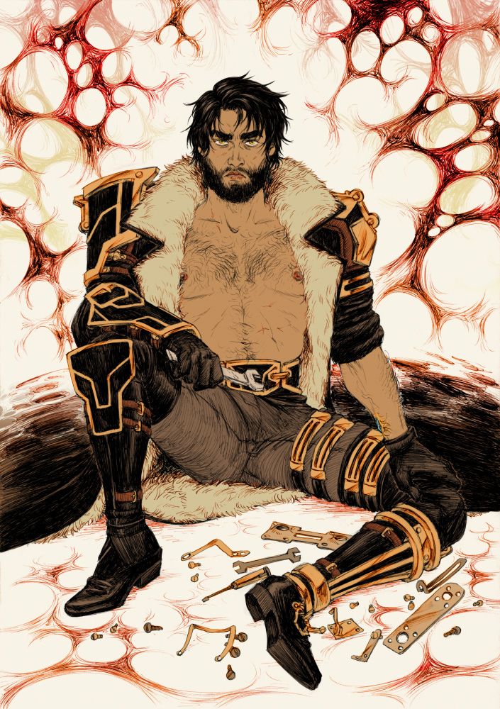 Jayce sitting and doing some maintenance of his leg brace but let's be honest - it's just a pinup. His hairy chest on full display.