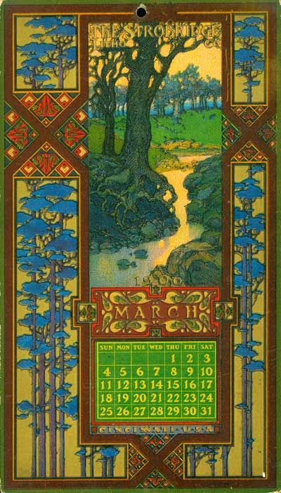 Calendar card from early XX century with stylized trees illustration in the center and on the sides.