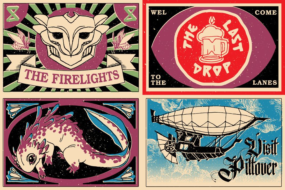 Arcane-themed illustrations in form resembling matchbox labels. Four illustrations in limited color palette, with Ekko's firelight mask, The Last Drop sign, waverider and a blimp.
