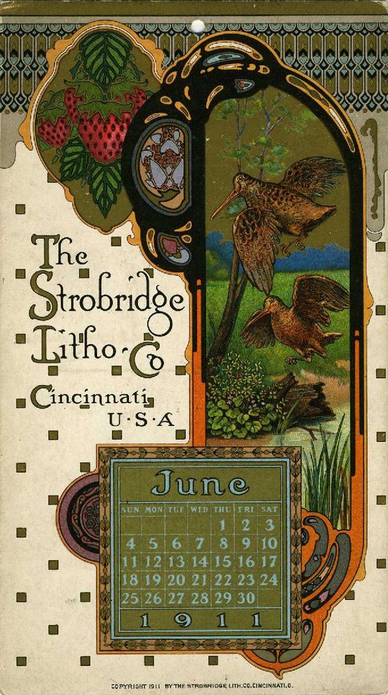 Calendar card from early XX century with ornaments and bigger birds and strawberries illustrations.