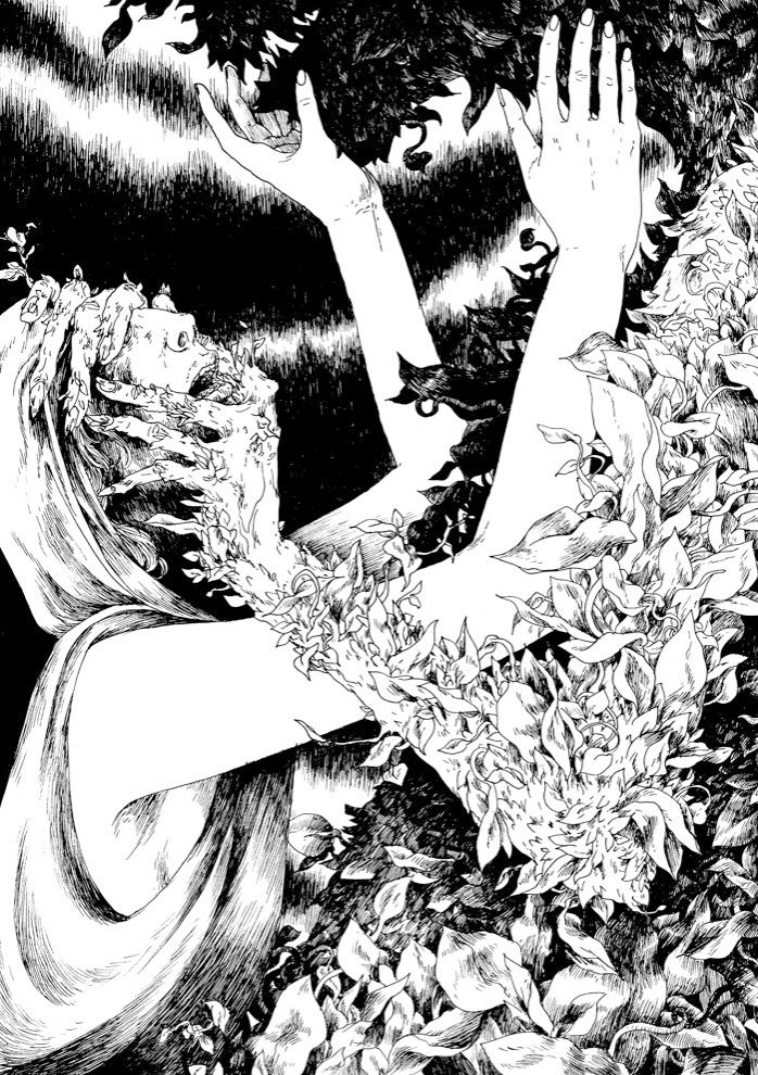 A monster made of plant matter and a hooded human touching each other faces, shown waist-up.