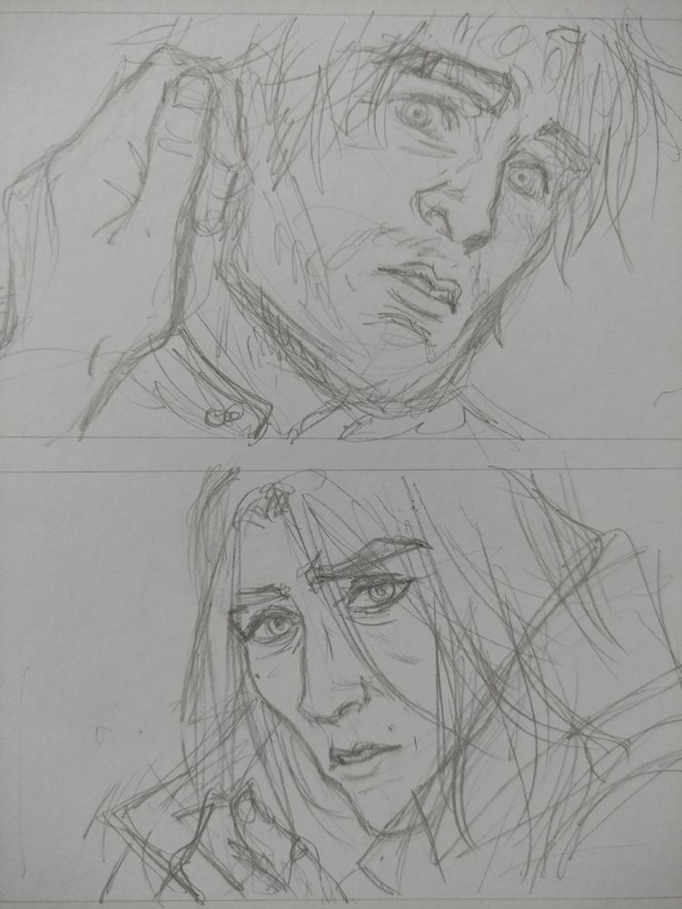 Two panels in pencil: first with Jayce, second with Viktor.