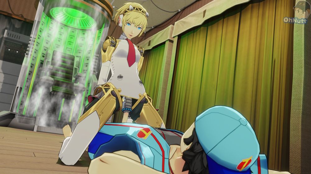 Aigis riding Junpei in their Persona 4 Arena/Ultimax designs