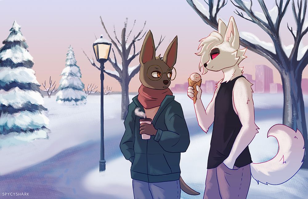 Two anthropomorphic dogs in a snowy city park. One is a Xolo (hairless dog) bundled in coat, scarf, and holding a hot chocolate. The Xolo is looking at the fluffy dog wearing a tank top and holding an ice cream cone. 