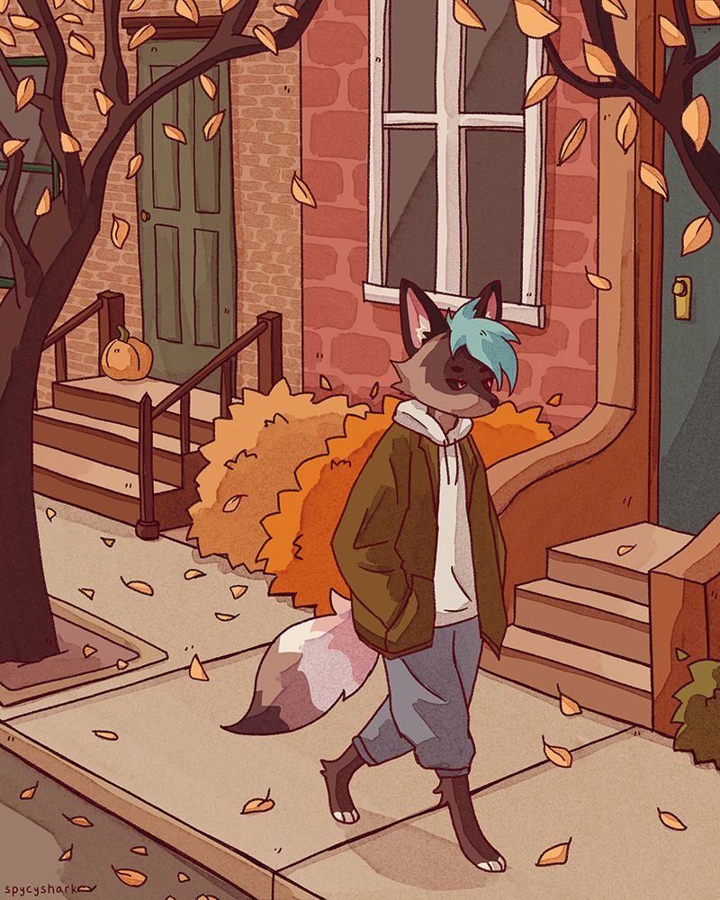 A drawing of my fox fursona walking on a sidewalk on an autumn day. There are row houses in the background. 