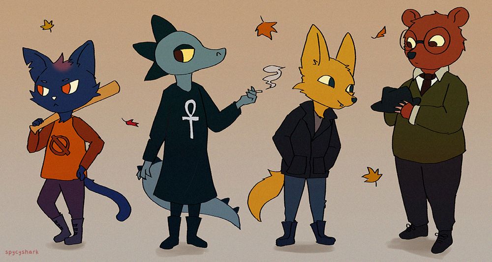 The four main characters of Night in the Woods. From left to right, Mae the cat with a baseball bat, Bea the gator smoking a cigarette, Gregg the fox with his hands in his pockets, Angus the bear holding his hat in his hands. 