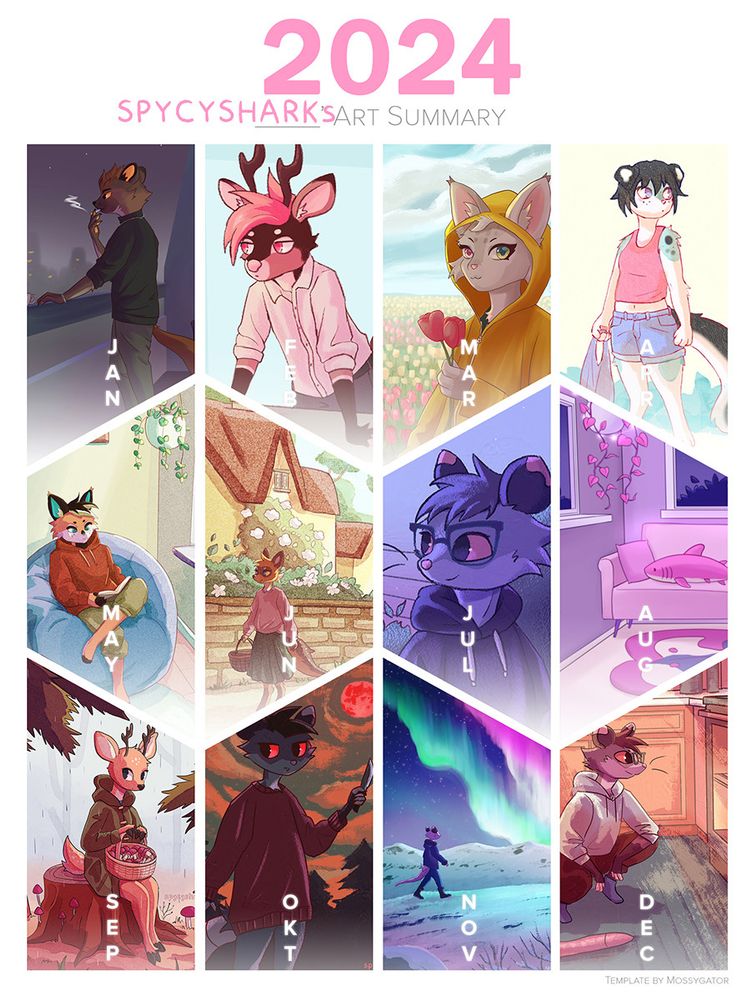 An illustration for each month of 2024. Art is of anthropomorphic animals, mostly possums, cats, and deer.