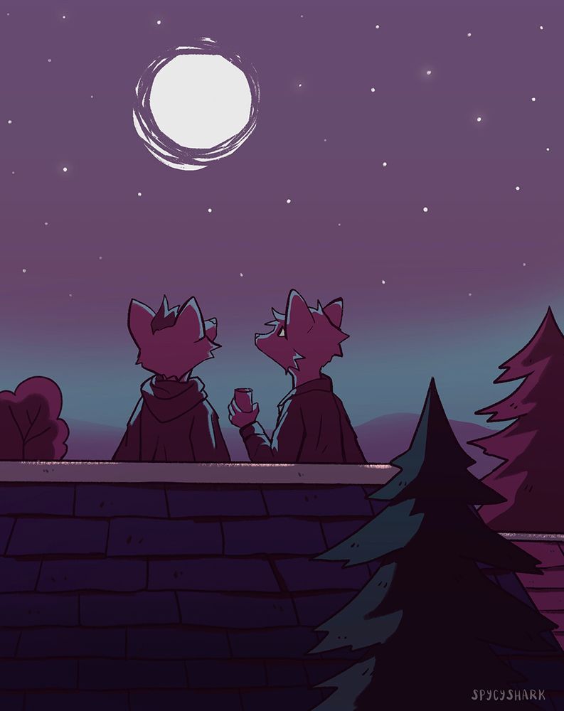 Two anthropomorphic dogs sitting on a rooftop looking at stars.