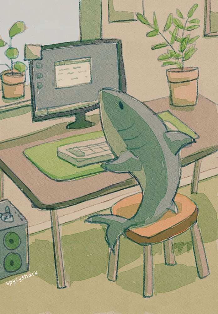 A shark sitting at a desk with a computer. The colors are blue but warm. They have a few plants in their office.