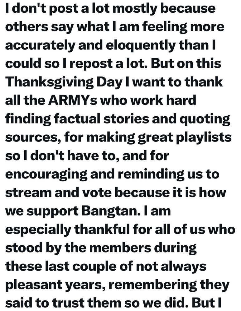 Something I wrote earlier on Twitter/X expressing my thankfulness to Army and BTS on this Thanksgiving Day. 