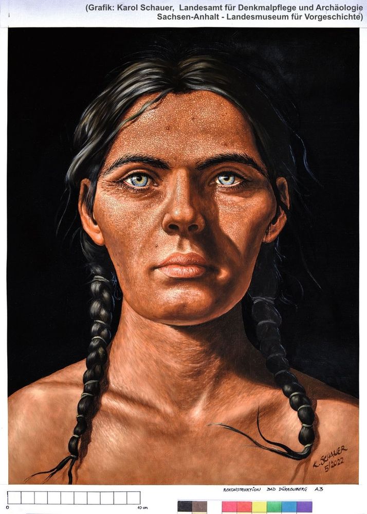 Rekonstruktionszeichnung der Schamanin im Portrait, hier mit dunklerer Haut, dunklen Haaren und blaugrauen Augen.