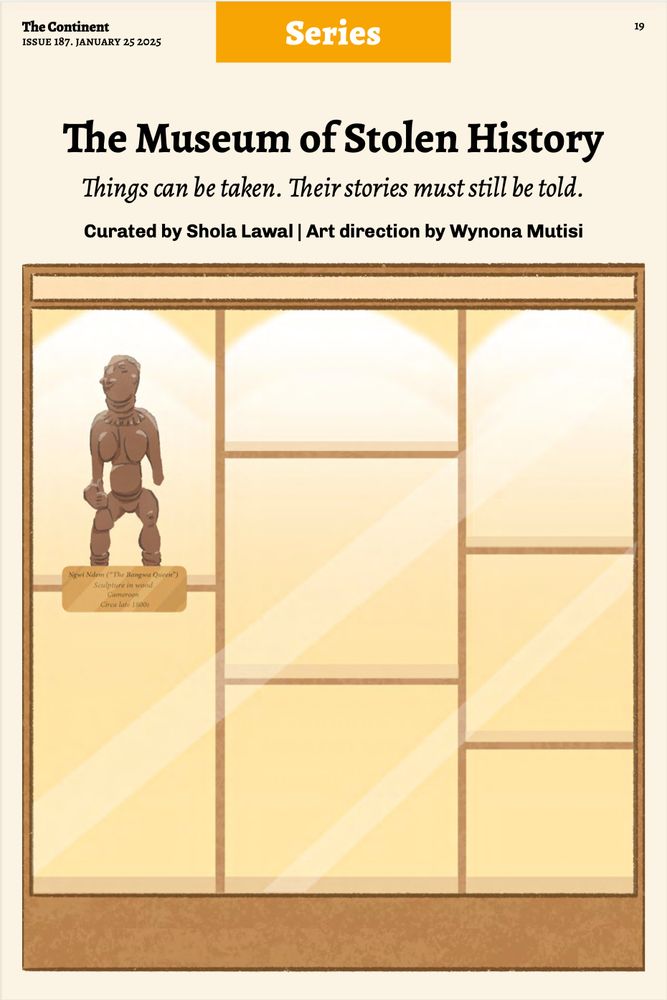 Opening page of the "Museum of Stolen History" series in The Continent, showing the drawing of a mostly empty museum showcase with just one object: the wooden sculpture of Ngwi Ndem on the upper left shelf.