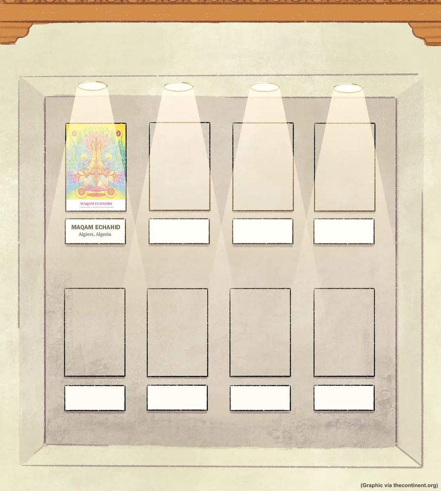 Illustration of an empty display frame with 12 slots; the top left slot is filled with a colorful drawing of the Maqam Echahid monument in Algiers, Algeria.
