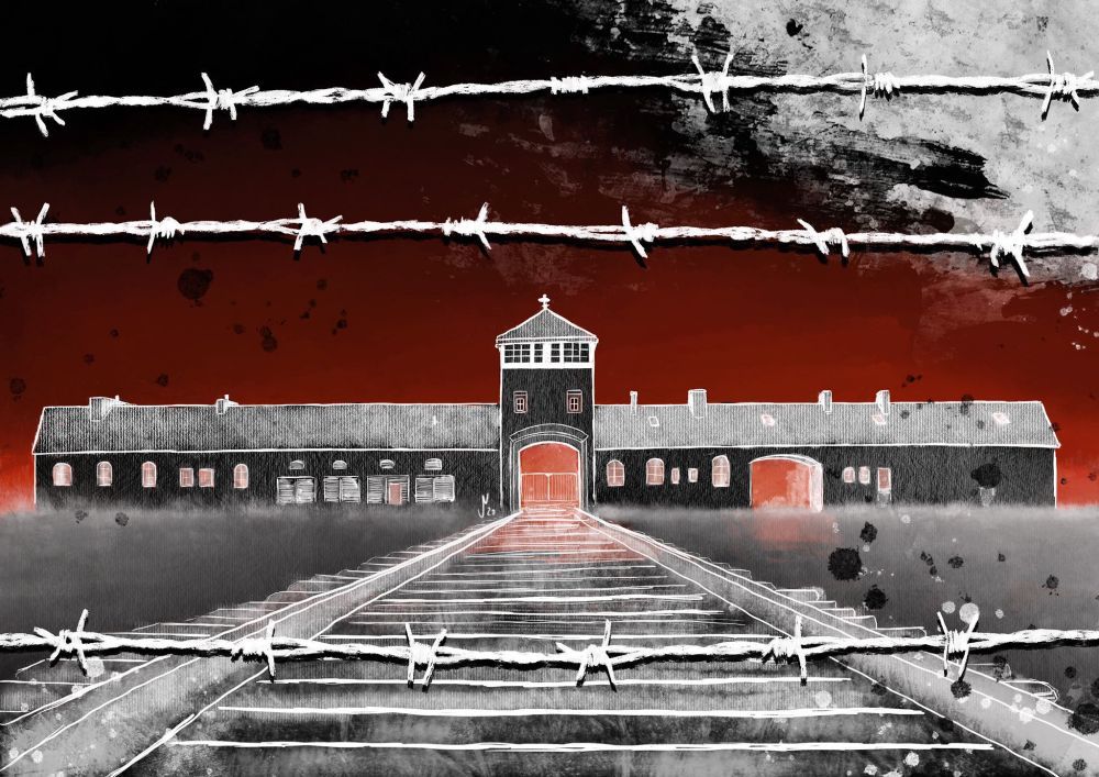 Zeichnung vom Torhaus des Vernichtungslagers Auschwitz-Birkenau mit direkt darauf zulaufenden Gleisen. Diese und das Torhaus selbst sind in dunkelgrauen Schattierungen dargestellt, der den Hintergrund dominierende Himmel ist dunkelrot. Im Vordergrund spannen sich drei Reihen von Stacheldraht über das gesamte Bild.