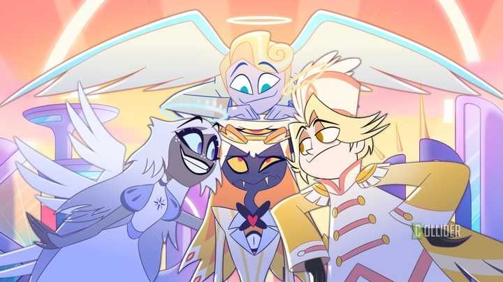 Spoiler photo from Hazbin Hotel season 2. The angels Emily, Gabriel, and Abel are surrounding Sir Pentious in Heaven.