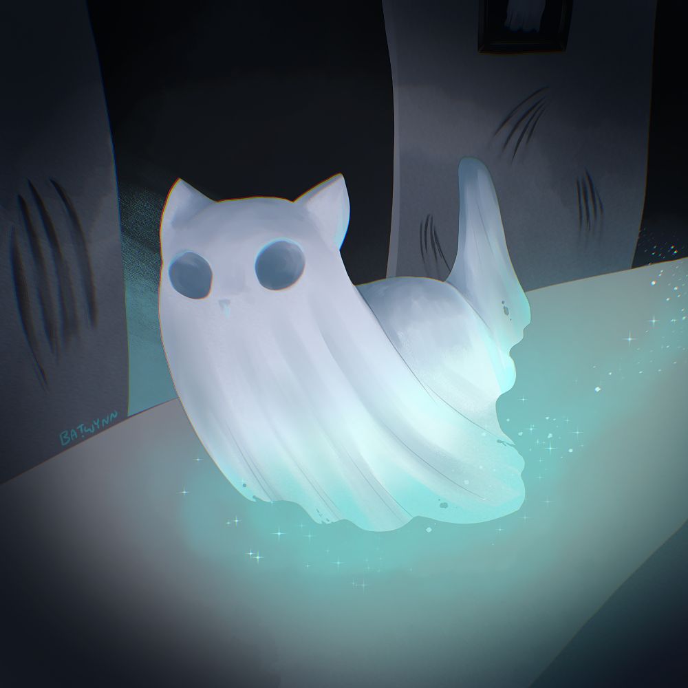 A drawing of a ghost cat running through a clawed up hallway and leaving a trail of cat litter behind it.