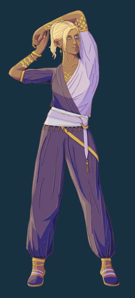 A woman stretching her arms. Her skin is golden brown, with golden tattoos. Her hair is blonde and her eyes blue. She wears purple loose clothes and golden bracelets and rings. If you know the Stormlight TTRPG, she is from Iri.