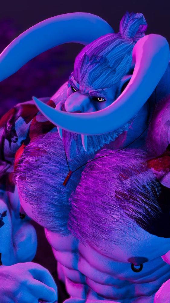 Portrait of Behemoth avatar looking down, horns slightly obscuring face