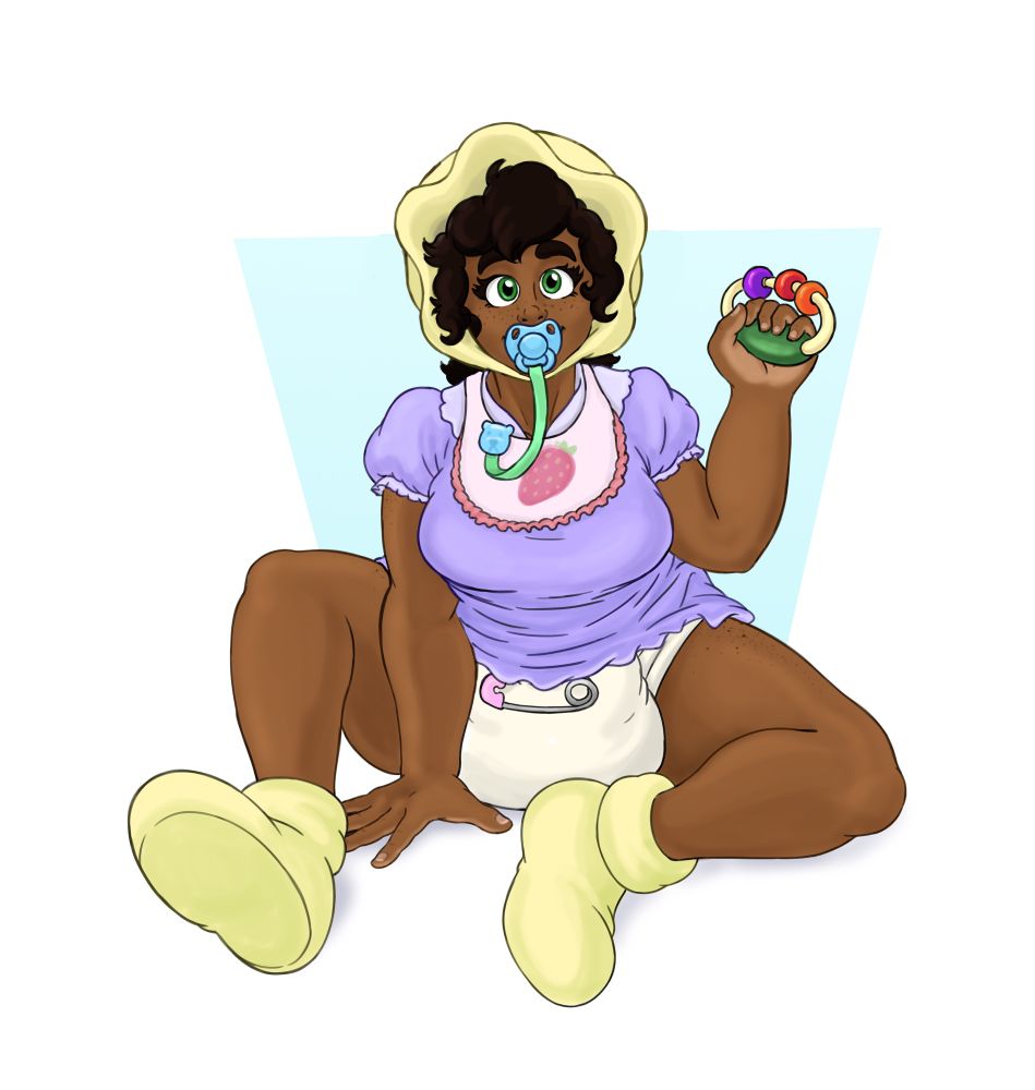 Rosa sitting, wearing a yellow bonnet, yellow booties, purple dress, cloth diaper, and blue pacifier.