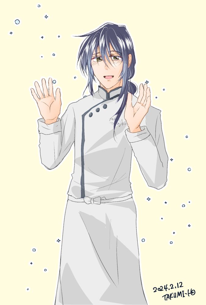 代表作「蒼衣さんのおいしい魔法菓子」主人公の天竺蒼衣の絵。新しいコックコートのデザイン。