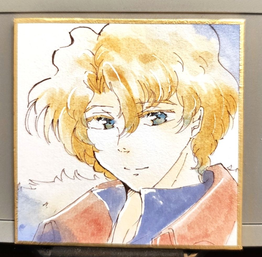 二次創作絵。ガンダムSEED VSASTRAYのプレア・レヴェリー最高司書官(カーボンヒューマンプレア)豆色紙に描いてある。