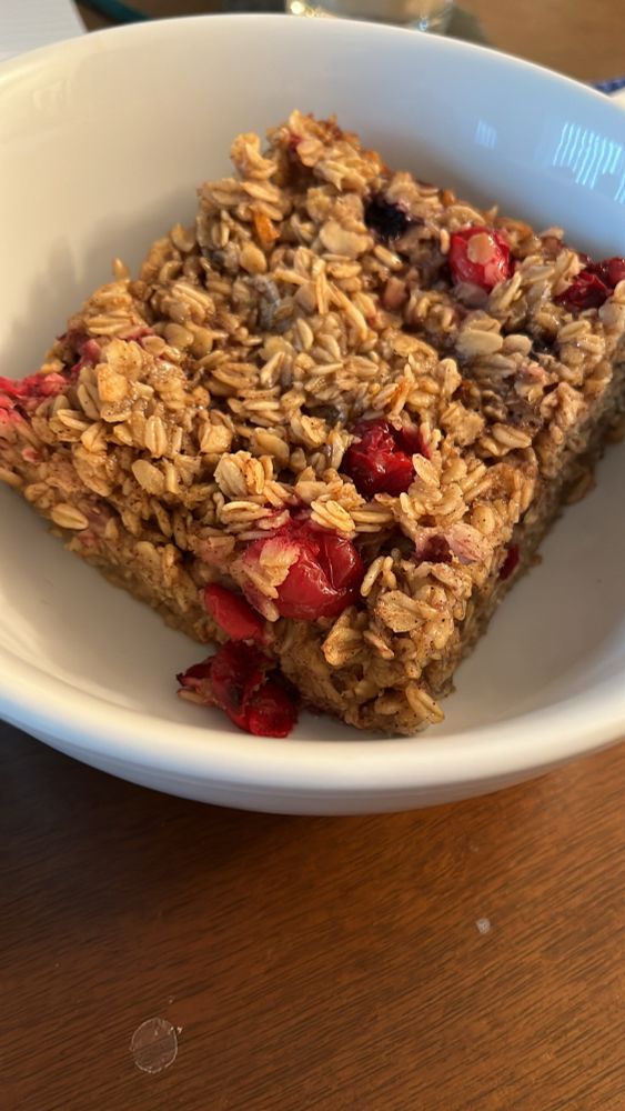 A pic of a piece of baked oatmeal 