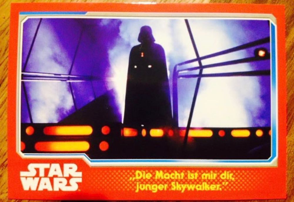 Star Wars Sammelkarte mit einem Bild von Darth Vader. Taxt: Die Macht ist mir dir, junger Skywalker