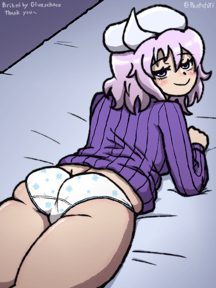 Touhou Letty Whiterock laying on bed stomach down, wearing only her hat, sweater and white panties with snowflake patterns.
she is looking back towards the viewer.