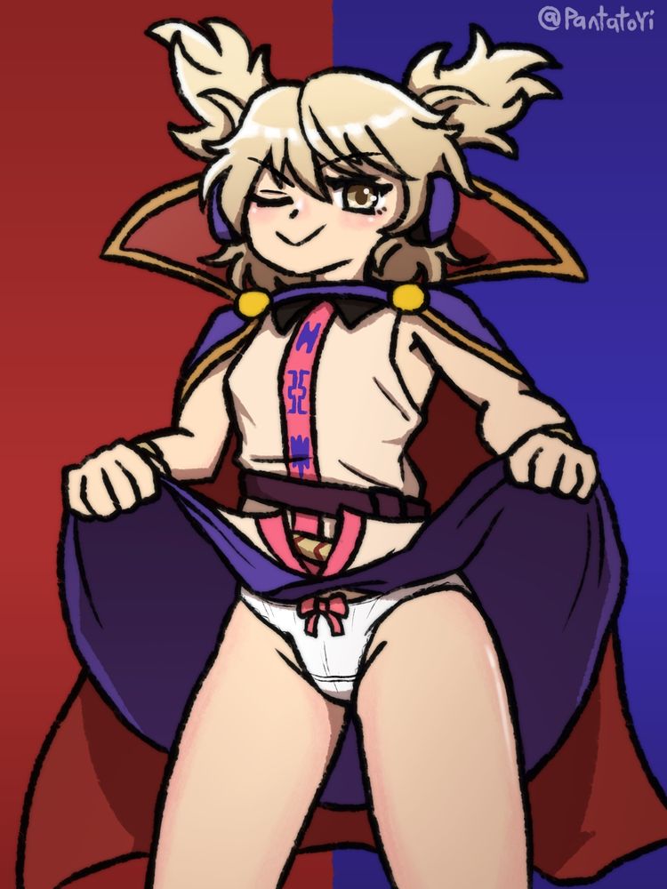 Touhou Project Toyosatomimi no Miko with a smug look and a wink, lifting her skirt to flash her white panties with bowtie