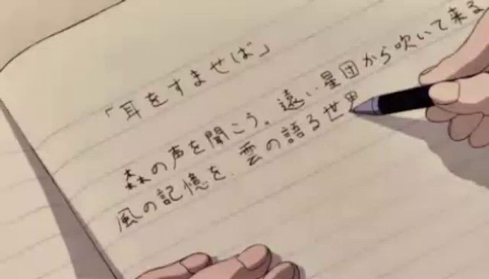 a person is writing in a notebook with chinese characters