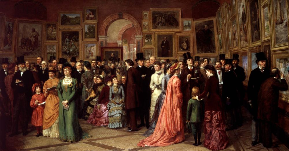 W.P. Frith's 1883 painting, "A Private View of the Royal Academy 1881".  The portion at right, with Oscar Wilde surrounded by admirers, is frequently reproduced.