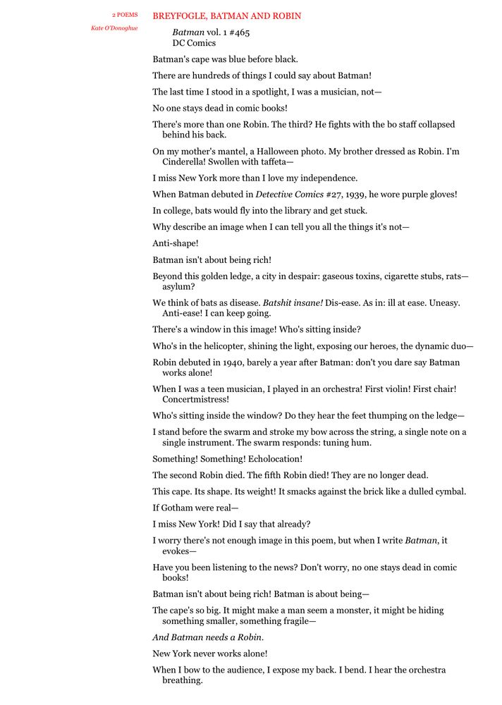 A long-lined poem called BREYFOGLE, BATMAN AND ROBIN by Kate O’Donoghue. Full text available in the attached link.